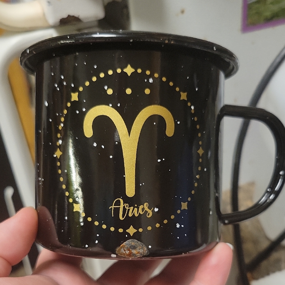 Aries Zodiac Black and Gold Colored Metal Mug W/ Some Damage; Use For Decoration